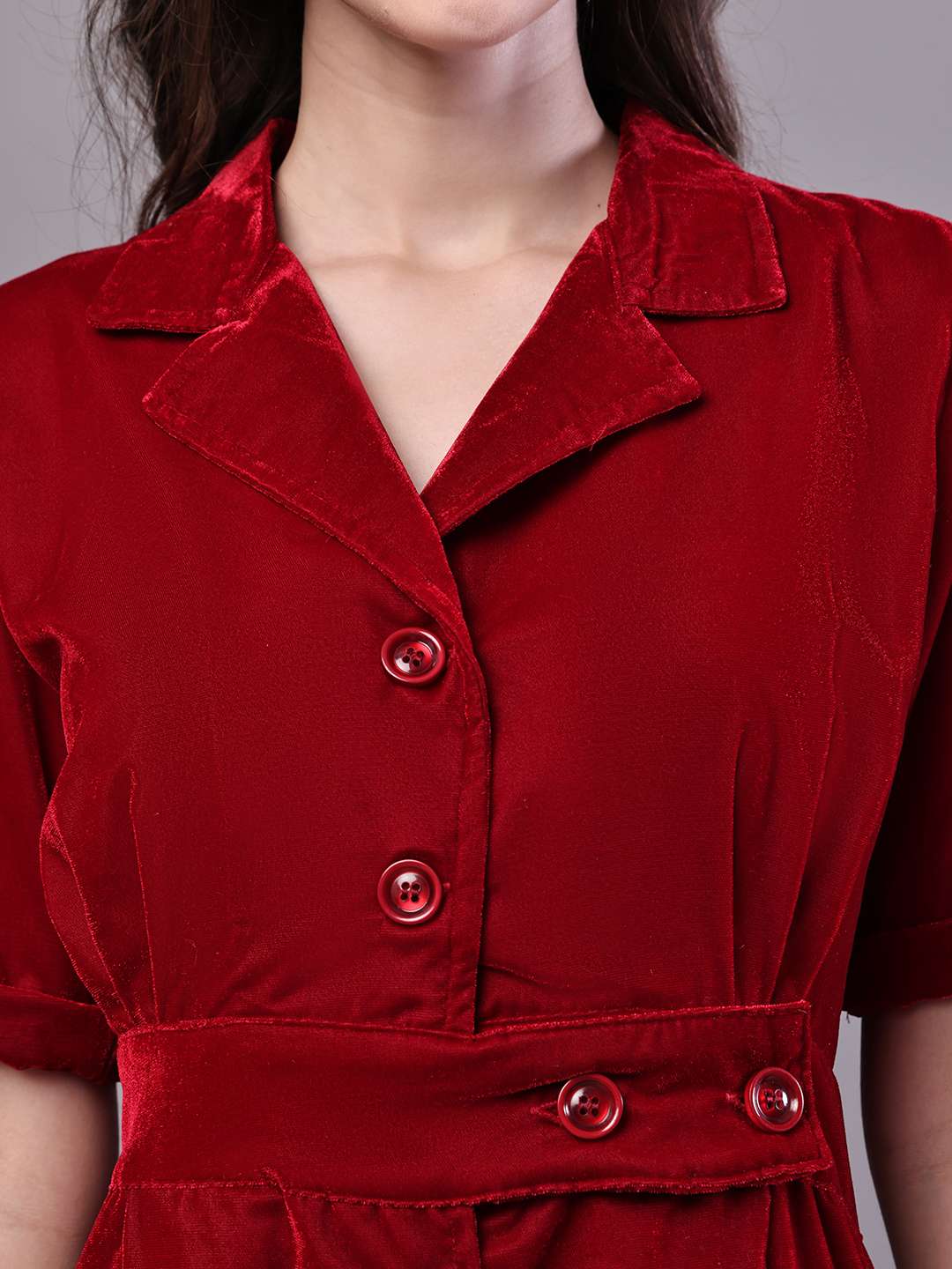 Women's Maroon Velvet Solid Printed Shirt Midi Dress with Belt - Image 5